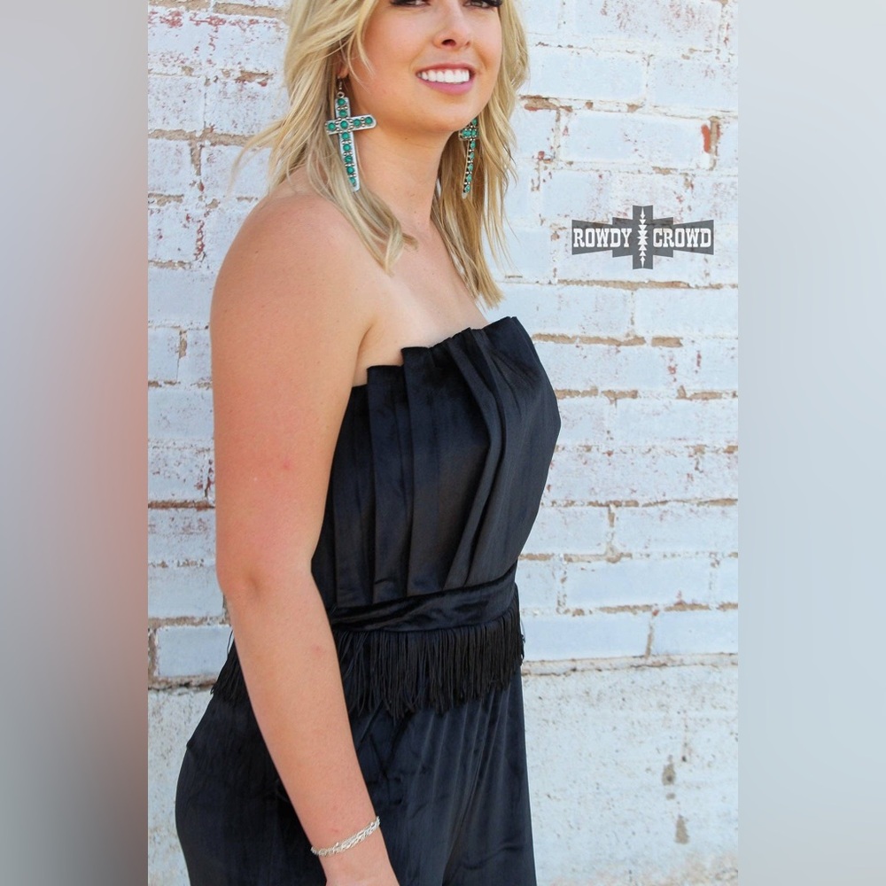 Strapless Black Velvet Pleated Jumpsuit - Picture 5 of 6